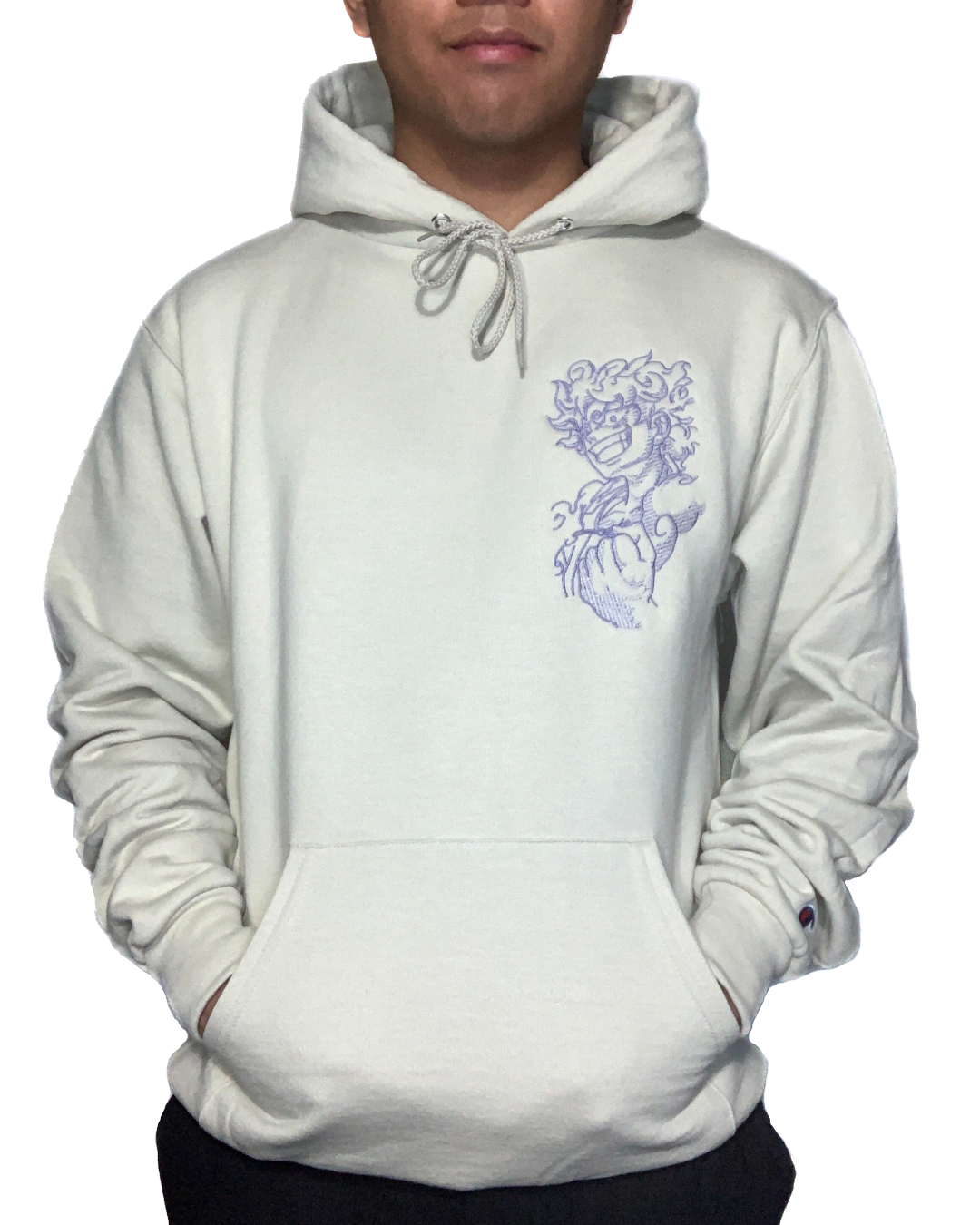 Model Wearing Gear Five Luffy One Piece Hoodie Sweater with Minimalistic Embroidered Design 